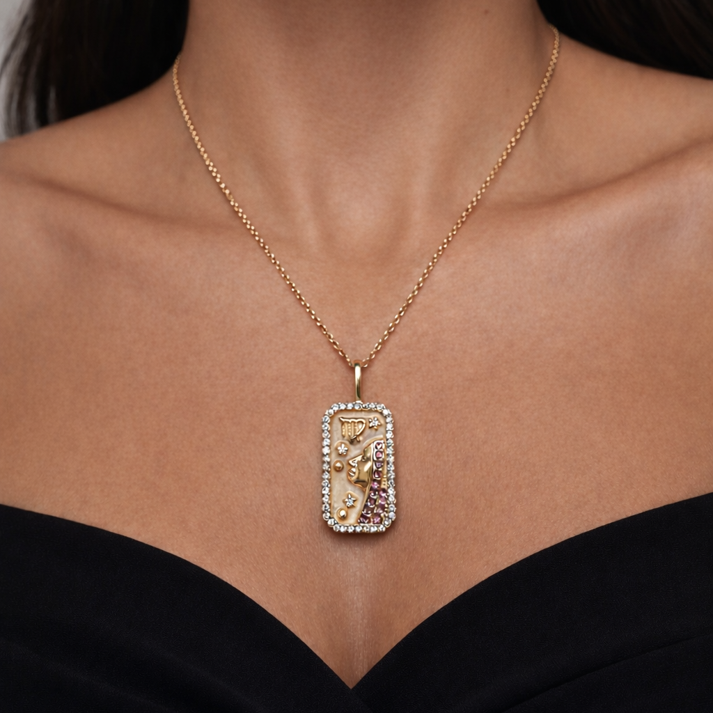 Gold necklace with a rectangular Virgo zodiac pendant featuring zodiac symbols