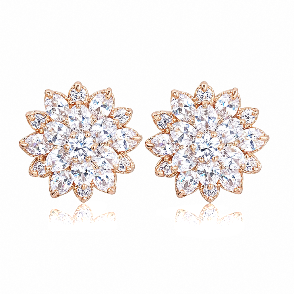 Rose gold and clear crystal flower-shaped earrings on a white background