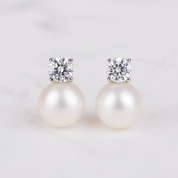 Grace Crystal and Pearl Stud Earrings for Women – Dainty 9mm x 4.3mm Rhodium-Plated Cubic Zirconia and Pearl Earrings – Elegant Bridal, Bridesmaid, Everyday Jewelry