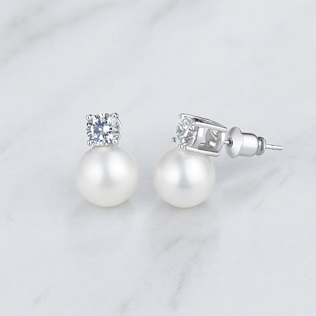 Grace Crystal and Pearl Stud Earrings for Women – Dainty 9mm x 4.3mm Rhodium-Plated Cubic Zirconia and Pearl Earrings – Elegant Bridal, Bridesmaid, Everyday Jewelry