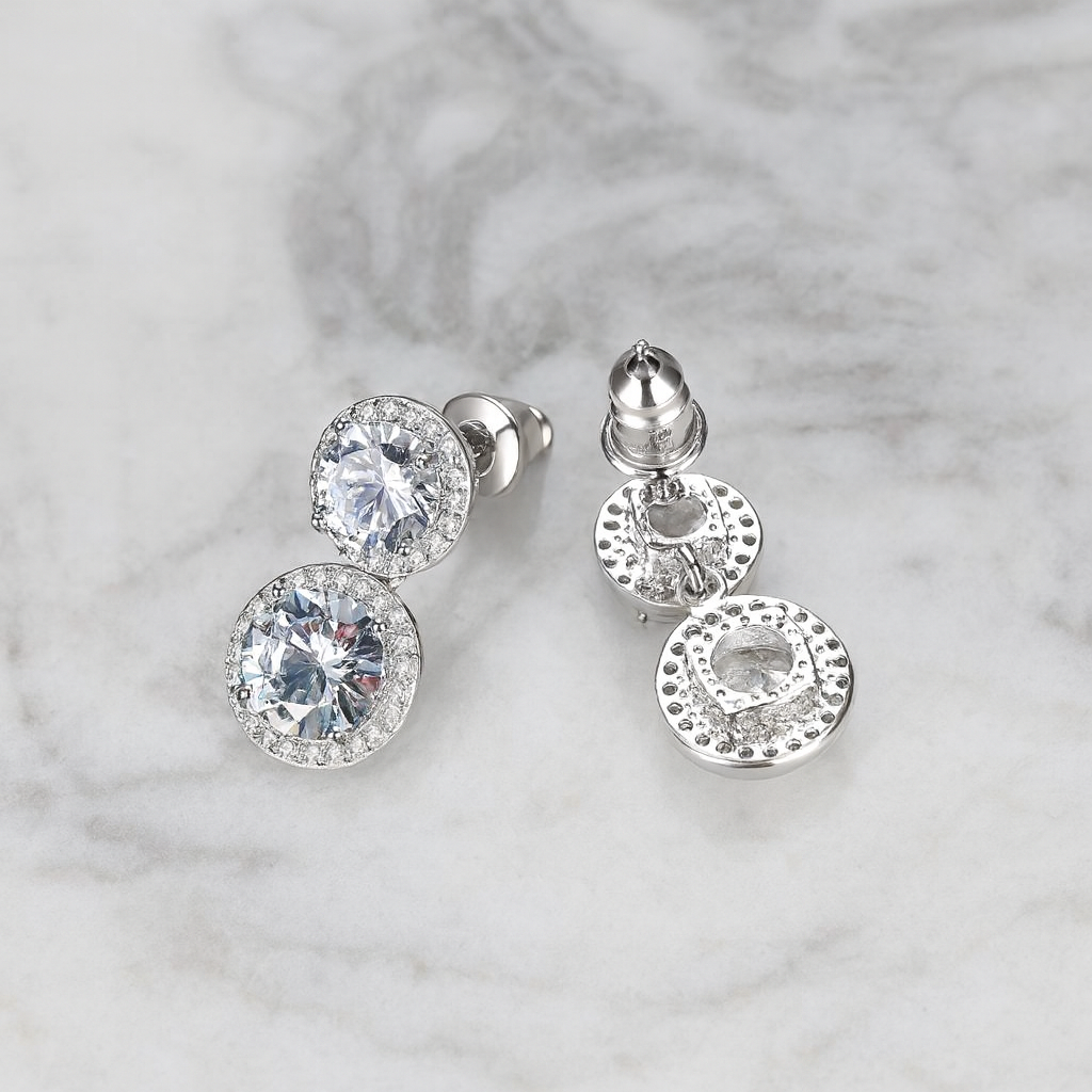 Baby Zara Earrings – Mini round-cut double halo stud earrings for women, dainty and elegant design for everyday or evening wear