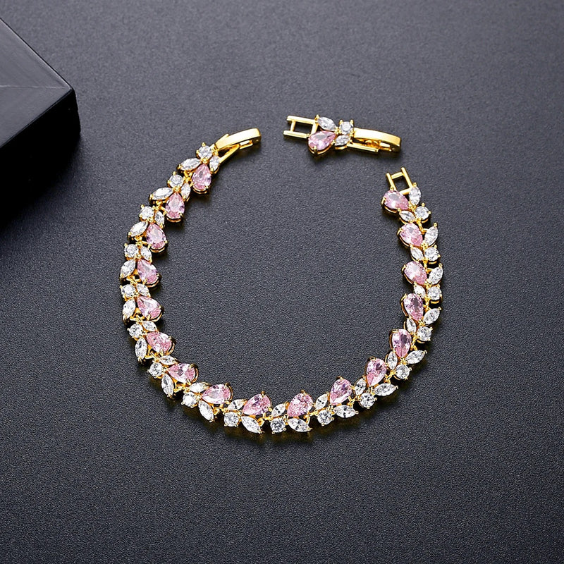 Rose Petal Crystal Tennis Bracelet | Gold | Blush Pink