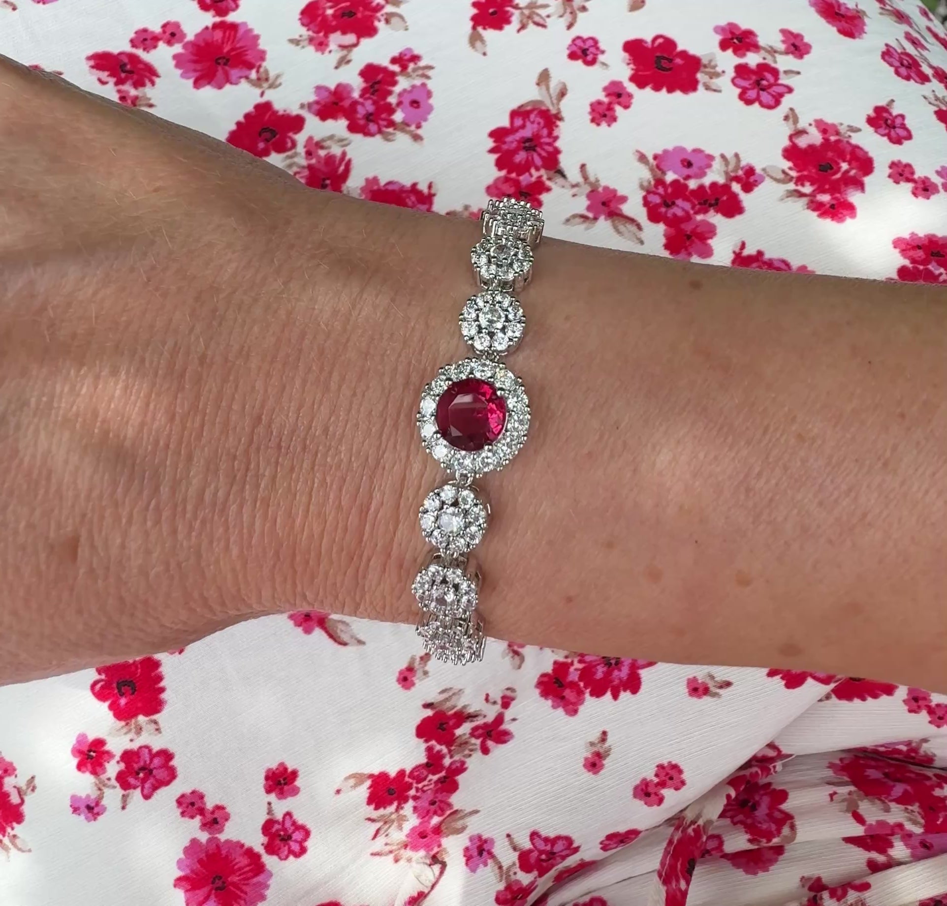 Fiora Statement Halo Tennis Bracelet | Raspberry Red | Silver