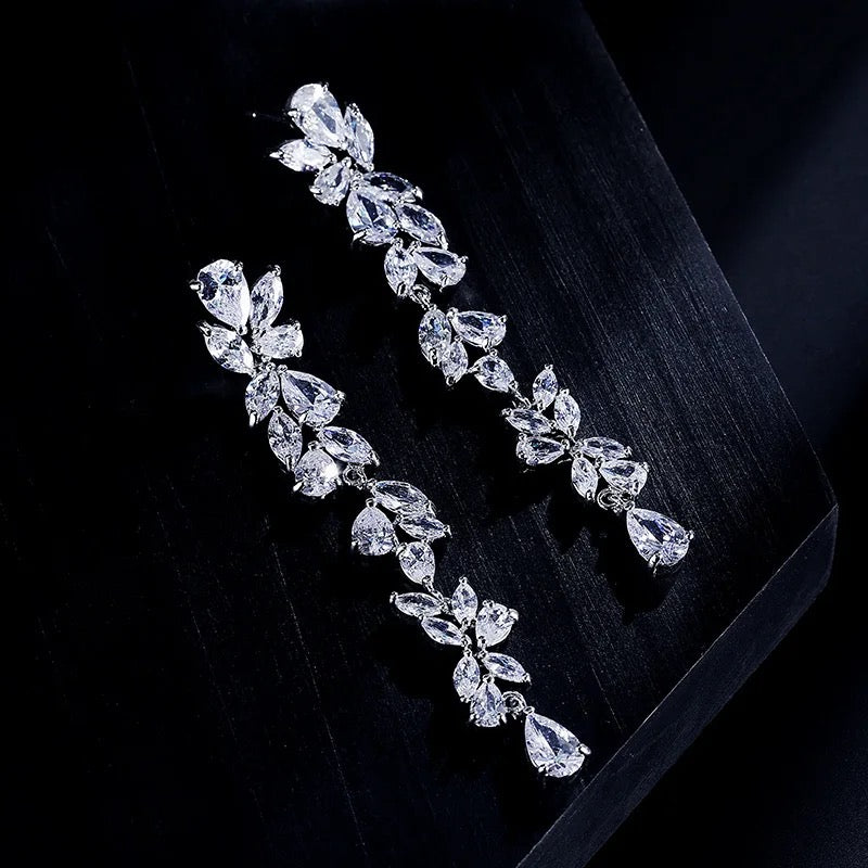 Vine Leaf Long Drop Statement Earrings | Silver