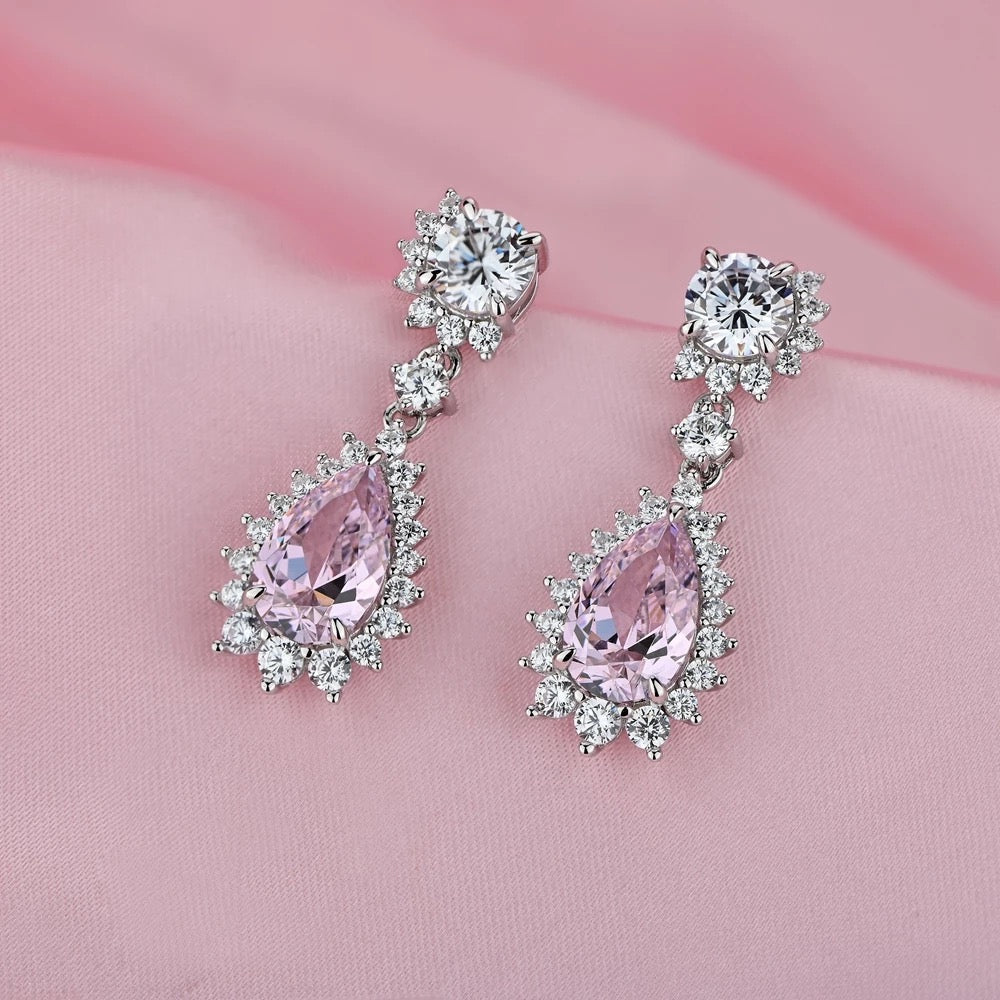 Silver wedding earrings, going out earrings, bridal earrings, silver earrings, bridesmaid earrings, pink earrings, teardrop earrings, pear earrings, drop earrings, 925 earrings, blush pink earrings, wedding jewellery, luxury earrings