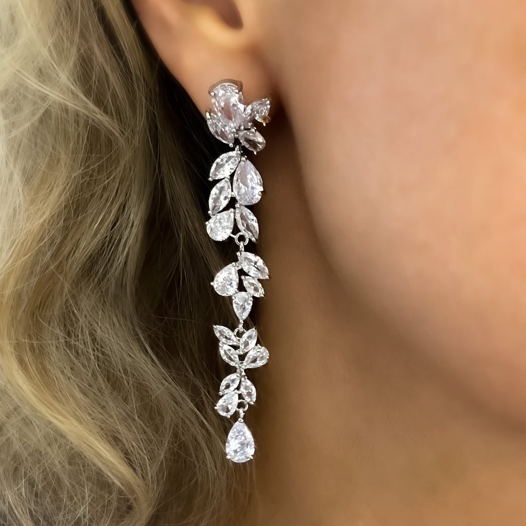 Vine Leaf Long Drop Statement Earrings | Silver