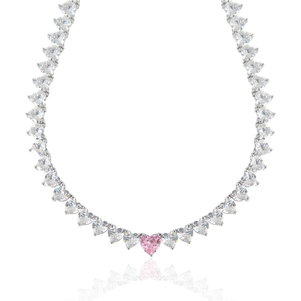 Silver tennis necklace, tennis necklace, pendant necklace, layer necklace, heart tennis necklace, crystal necklace, gemstone necklace, wedding necklace, going out necklace, party necklace, silver tennis chain, silver tennis pendant, pink tennis necklace