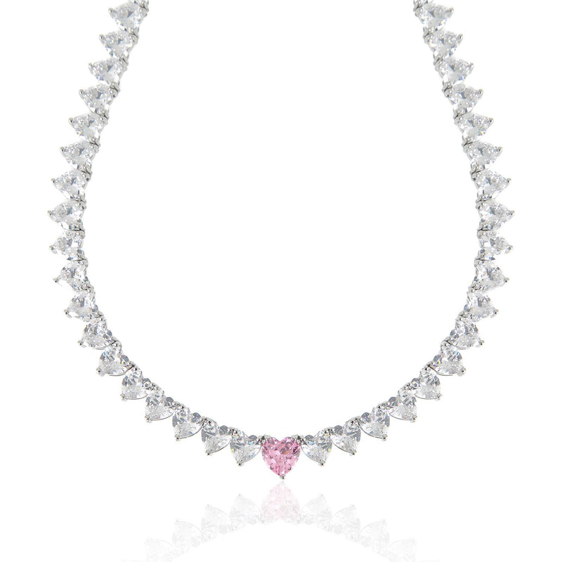 Silver tennis necklace, tennis necklace, pendant necklace, layer necklace, heart tennis necklace, crystal necklace, gemstone necklace, wedding necklace, going out necklace, party necklace, silver tennis chain, silver tennis pendant, pink tennis necklace