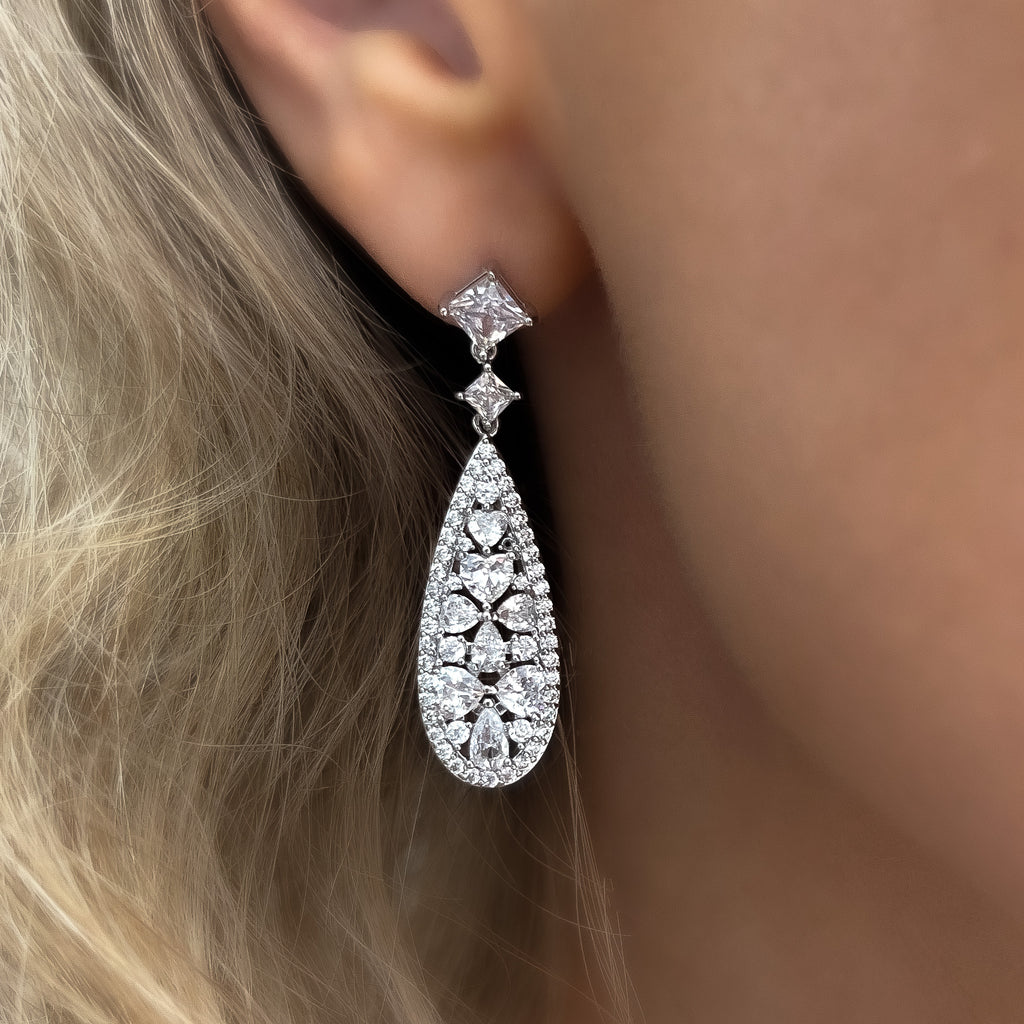 Sophia Crystal Halo Pear Drop Earrings | Silver