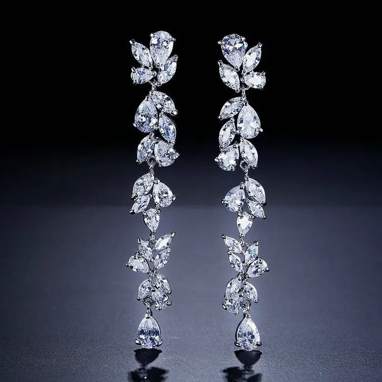 Vine Leaf Long Drop Statement Earrings | Silver