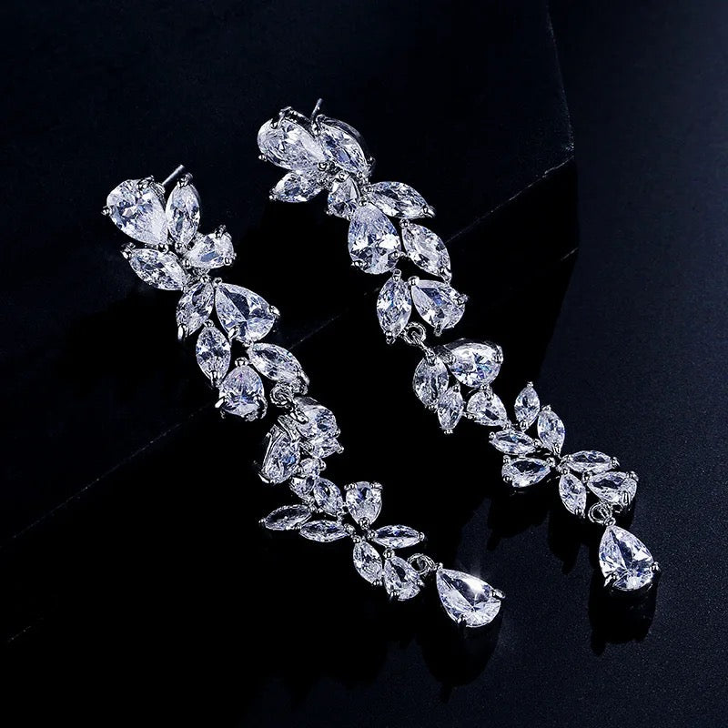 Vine Leaf Long Drop Statement Earrings | Silver