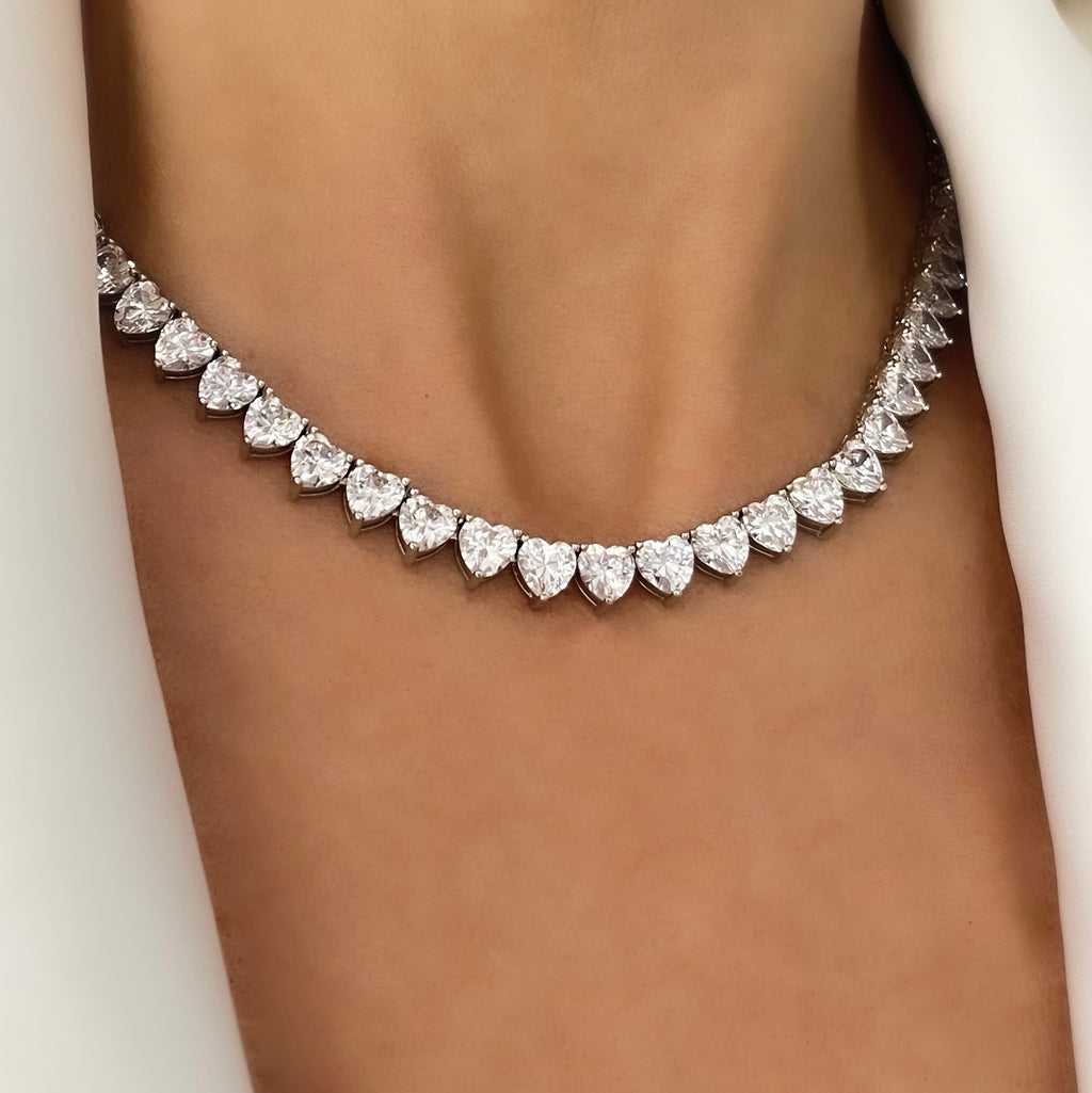 Silver tennis necklace, tennis necklace, pendant necklace, layer necklace, heart tennis necklace, crystal necklace, gemstone necklace, wedding necklace, going out necklace, party necklace, silver tennis chain, silver tennis pendant, pink tennis necklace