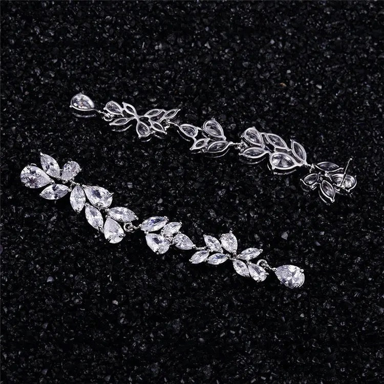 Vine Leaf Long Drop Statement Earrings | Silver