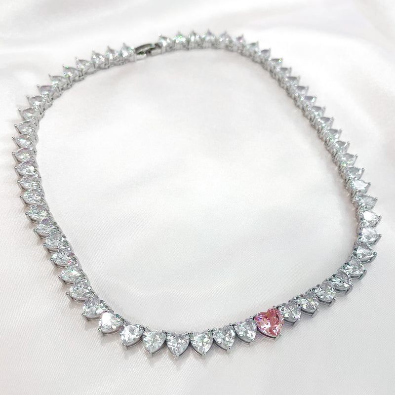 Silver tennis necklace, tennis necklace, pendant necklace, layer necklace, heart tennis necklace, crystal necklace, gemstone necklace, wedding necklace, going out necklace, party necklace, silver tennis chain, silver tennis pendant, pink tennis necklace