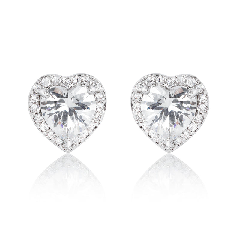 Silver heart stud earrings, Wedding earrings, silver earrings, bridal earrings, bridesmaid earrings, going out earrings, shiny earrings, rhodium earrings, statement earrings