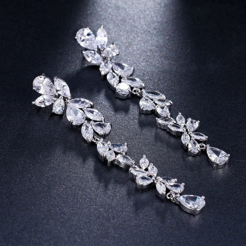 Vine Leaf Long Drop Statement Earrings | Silver