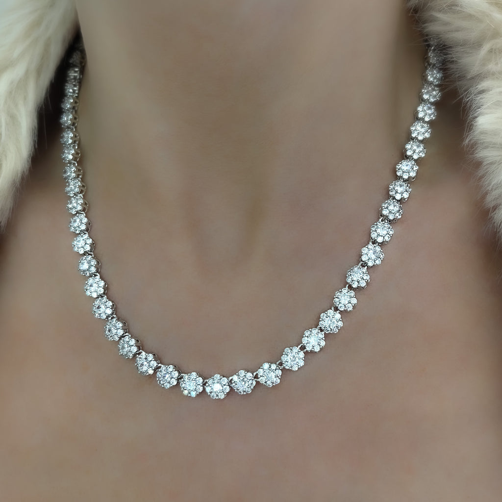 Blossom Flower Crystal Tennis Necklace Set | Silver