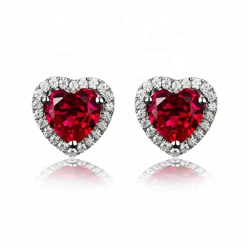 Ruby red heart earrings, Silver heart stud earrings, Wedding earrings, silver earrings, bridal earrings, bridesmaid earrings, going out earrings, shiny earrings, rhodium earrings, statement earrings